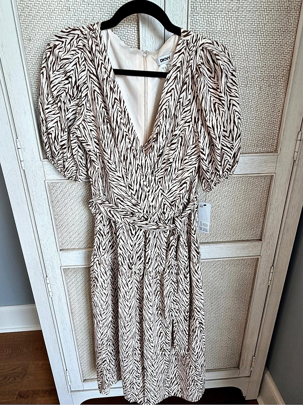 DKNY Zebra Print Puff Sleeve Midi Dress White & Brown Size 4